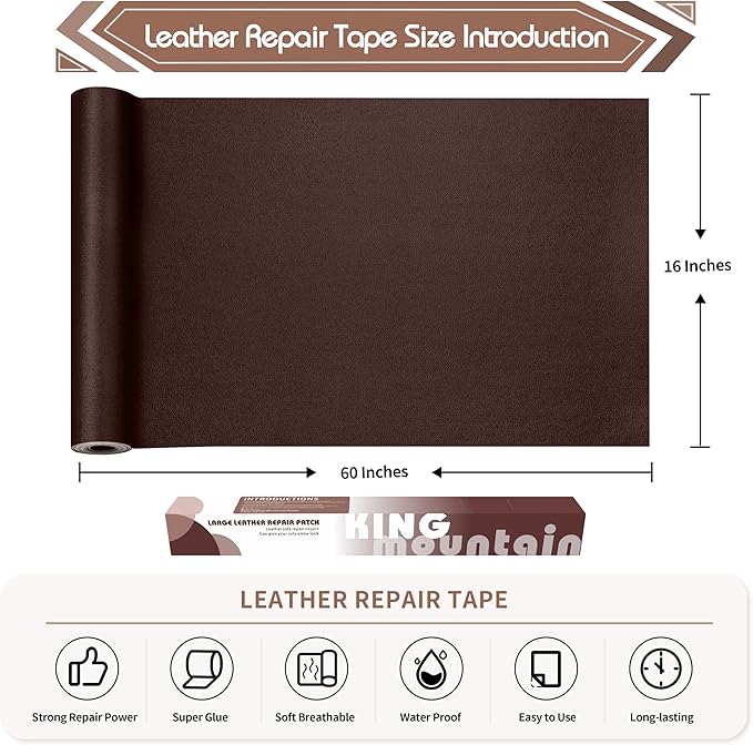 KING MOUNTAIN Leather Repair Patch,16 x 60 Inches self Adhesive Leather Repair Tape for Damaged Leather Furniture, Sofa Seating,Car Seats, Leather Goods（Coffee Brown）