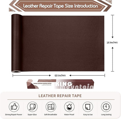 KING MOUNTAIN Leather Repair Patch,16 x 60 Inches self Adhesive Leather Repair Tape for Damaged Leather Furniture, Sofa Seating,Car Seats, Leather Goods（Coffee Brown）