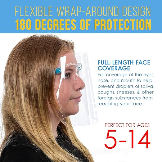 TCP Global Salon World Safety 200 Kids Face Shields with Glasses Frames (20 Packs of 10) - 5 Colors, 40 Each - Protective Children's Full Face Shields to Protect Eyes Nose Mouth - Anti-Fog PET Plastic