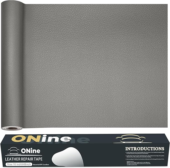 ONine Leather Repair Patch，Leather Repair Tape, 16 x 48 inches Leather Repair Patch for Furniture,Vinyl Repair kit，Leather Couch Patch，for Sofas, Furniture, car Seats(Grey-Litchi Grain)