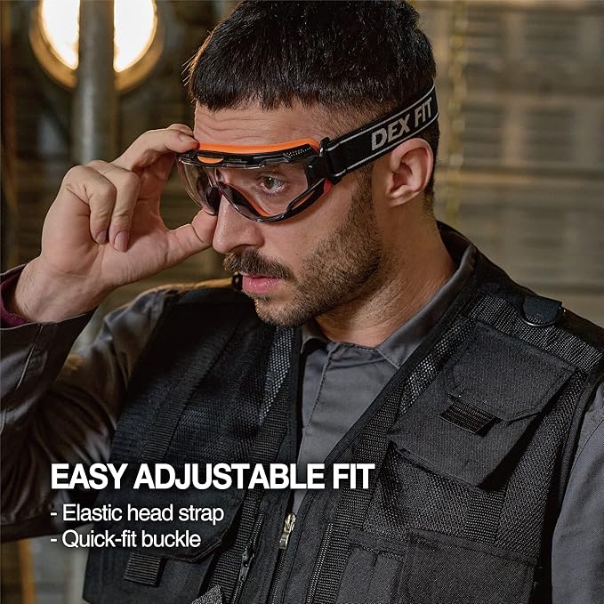 DEX FIT Protective Safety Goggles SG220N; 3x Anti Fog & Scratch, Z87 Eye Protection for Lab, Science, and Chemistry Work, Adjustable for Women and Men, (Black & Orange Frame, Clear Lens, 30cm Strap)