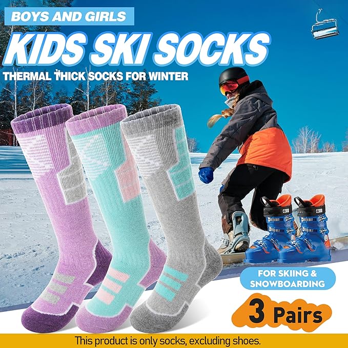 Anlisim Kids Merino Wool Ski Socks 3 Pairs Girls Boys Thermal Winter Warm Thick Breathable Socks for Skiing Snowboarding