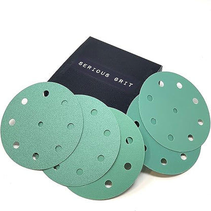 Serious Grit - 5-Inch 9-Hole Sanding Discs Assortment - 80, 120, 150, 180, 220 Grit (10 of Each) - Heavy-Duty Hook & Loop Film Discs - Sandpaper for Random Orbital Sanders - 50 Pack Box