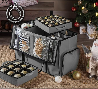 ZOBER All in One Christmas Ornament Storage Box & Decoration Container - Easy Access Removable Trays, Keeps 73 Ornaments - Adjustable Extent Area for Figurines and Pockets for Decoration - Gray