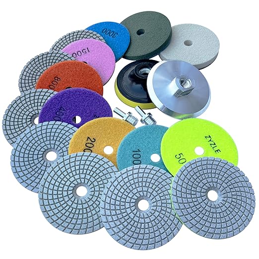 ZYZLE 13 Packs 4 inch Diamond Polishing Pads Kit Wet/Dry with 5/8"-11 Backer Pad Granite Bufffing Sanding Set 50-10000 Grit for Concrete Stone Marble Tile Quartz Rock