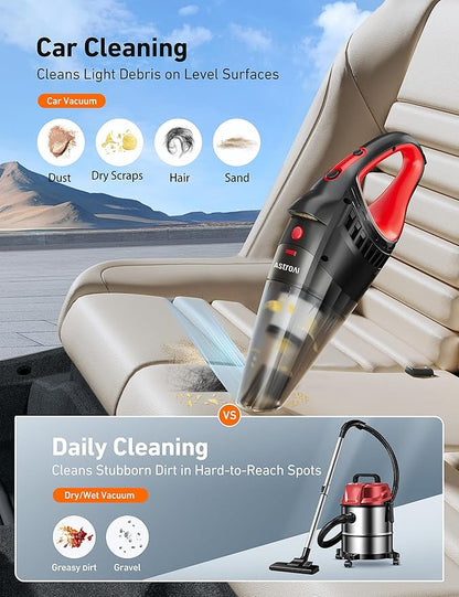 AstroAI Car Vacuum Cleaner, Portable Handheld Vacuum and Car Accessories, 16.4 Ft Cord-12V DC Power, LED Light, w/3 Attachments，Auto Accessories Kit for Interior Detailing for Quick Cleaning (Red)