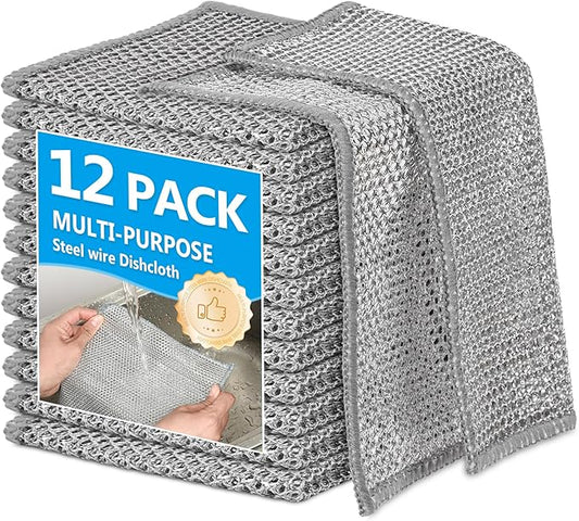 WYDZKJ 12Pack Multipurpose Wire Dishwashing Rags, Upgrade Non Scratch Wire Dishcloth, for Wet and Dry Use, Reusable Metal Scrubbing Microfiber Clean Cloths for Home/Kitchen/Stove