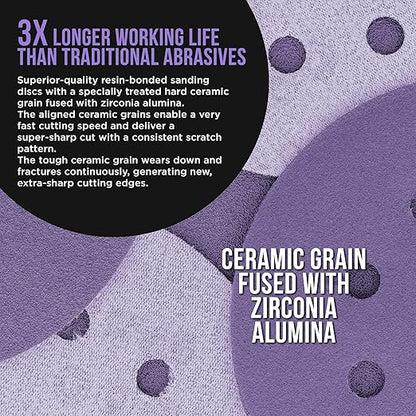 Dura-Gold Premium 120 Grit 5" Purple Film Ceramic Sanding Discs, 8-Hole Pattern, Box of 50 - Dustless Hook & Loop Backing Sandpaper for DA & Random Orbital Sanders - Sand Auto Paint, Wood, Woodworking