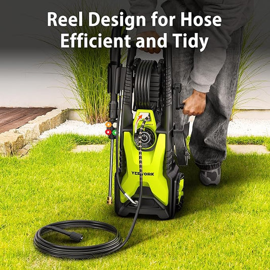 5000 Max Adjustable PSI Pressure Washer, 2 Max GPM Power Washer with 33 FT Hose Reel, Steel Wand, 500ml Foam Cannon, 4-Nozzle Set, Electric Pressure Washer for Cars, Fences, Patios