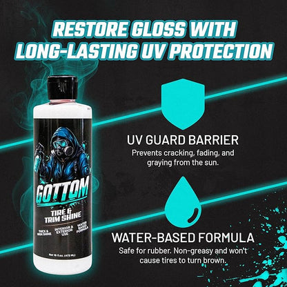 Gottom Tire & Trim Shine – 16oz, Scented Boosted Colada - Ultra High Gloss for Plastic Trim & Wheels – Water-Based Dressing – Car Tire Cleaner & Dressing – Car Detailing Supplies