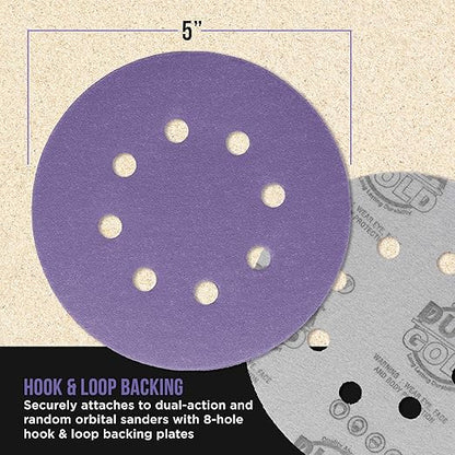Dura-Gold Premium 120 Grit 5" Purple Film Ceramic Sanding Discs, 8-Hole Pattern, Box of 50 - Dustless Hook & Loop Backing Sandpaper for DA & Random Orbital Sanders - Sand Auto Paint, Wood, Woodworking