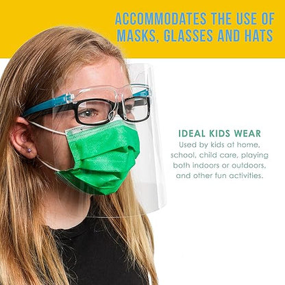 TCP Global Salon World Safety Kids Face Shields with Glasses Frames (Pack of 10) - 5 Colors, 2 Each - Protective Children's Full Face Shields to Protect Eyes, Nose, Mouth - Anti-Fog PET Plastic Goggle