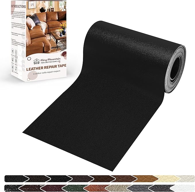 KING MOUNTAIN Leather Repair Patch,4 x 63 Inches self Adhesive Leather Repair Tape for Damaged Leather Furniture, Sofa Seating,Car Seats, Leather Goods（Fine Grained Black）