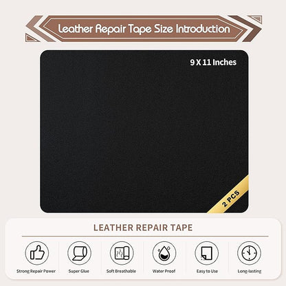 KING MOUNTAIN Leather Repair Patch,2 Packs 9 x 11 Inches self Adhesive Leather Repair Tape for Damaged Leather Furniture, Sofa Seating,Car Seats, Leather Goods（Fine Grained Black）