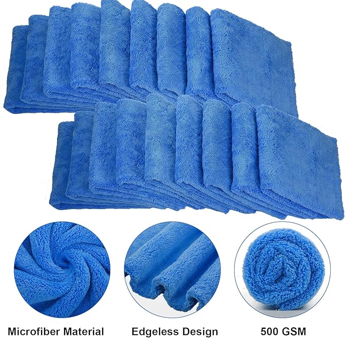 Shimeyao 20 Pcs 16 x 16 Inch Edgeless Microfiber Plush Towels for Cars Detailing Drying Wash Polishing Absorbent Cleaning Cloths, 500 GSM(Blue)