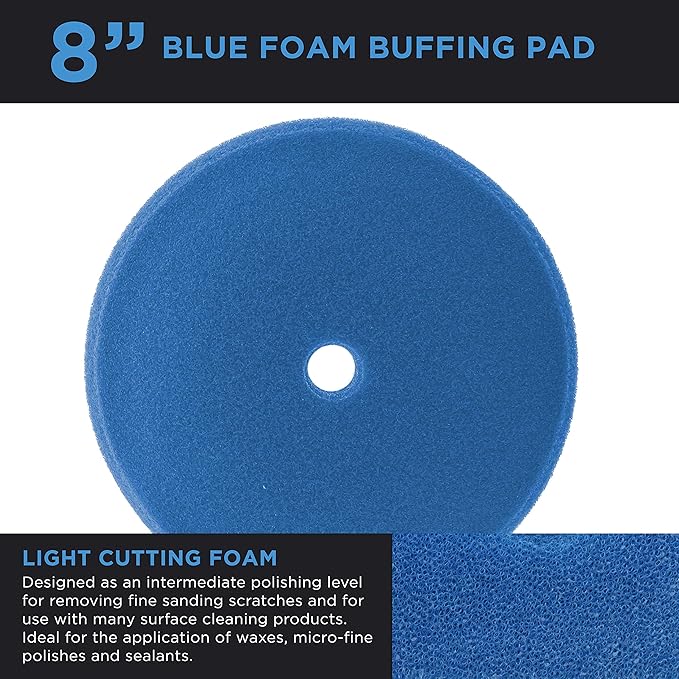 TCP Global 8" Blue Foam Buffing Pad Light Cut Polish Hook and Loop Backing - Buffing Pad for Automotive, Marine, Truck, RV & Compound Cutting