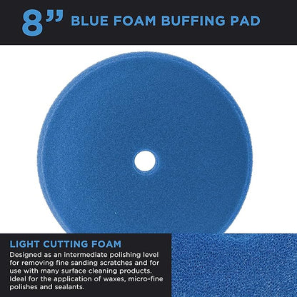 TCP Global 8" Blue Foam Buffing Pad Light Cut Polish Hook and Loop Backing - Buffing Pad for Automotive, Marine, Truck, RV & Compound Cutting