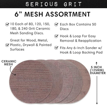 Serious Grit - 6-Inch Assorted Grit Ceramic Mesh Sanding Discs - Hook & Loop Dust-Free Ceramic Grain Net Abrasive - 80, 120, 150, 180, 220 Grit (10 of Each) - Universal Fit 125mm Sandpaper - 50 Pack