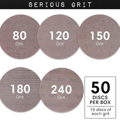 Serious Grit - 6-Inch Assorted Grit Ceramic Mesh Sanding Discs - Hook & Loop Dust-Free Ceramic Grain Net Abrasive - 80, 120, 150, 180, 220 Grit (10 of Each) - Universal Fit 125mm Sandpaper - 50 Pack