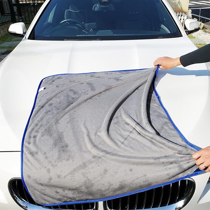 SHSCLY Car Drying Towels, Microfiber 2-Pack (29"x33"), Ultra Absorbent & Scratch-Free, Thick Twist Pile for Auto Detailing & Water Removal, Grey with Blue Trim