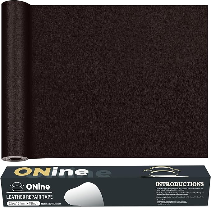 ONine Leather Repair Tape,Self Adhesive Leather Repair Patch,Leather Patches for Furniture,Sofa,Car Seats,Office Chair. Vinyl Repair Kit 16x48in(Dark Brown-Fine Grain)
