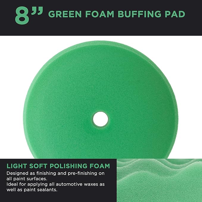 TCP Global 8" Green Foam Buffing Pad Final Cut Polish Hook and Loop Backing - Buffing Pad for Automotive, Marine, Truck, RV & Compound Cutting