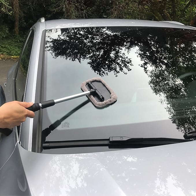 Polyte Pivoting Windshield Glass Cleaning Tool Extendable Aluminum Handle w/3 Premium Microfiber Covers