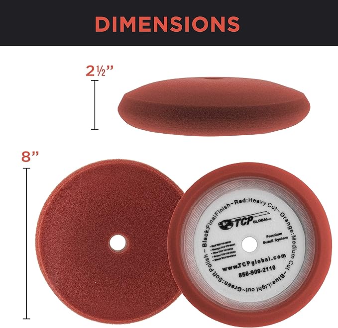 TCP Global 8" Red Foam Buffing Pad Extra Coarse Cutting Polish Hook and Loop Backing - Buffing Pad for Automotive, Marine, Truck, RV & Compound Cutting