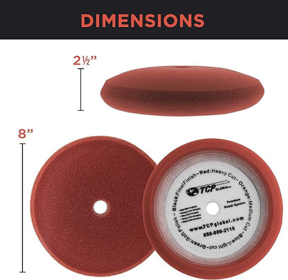 TCP Global 8" Red Foam Buffing Pad Extra Coarse Cutting Polish Hook and Loop Backing - Buffing Pad for Automotive, Marine, Truck, RV & Compound Cutting