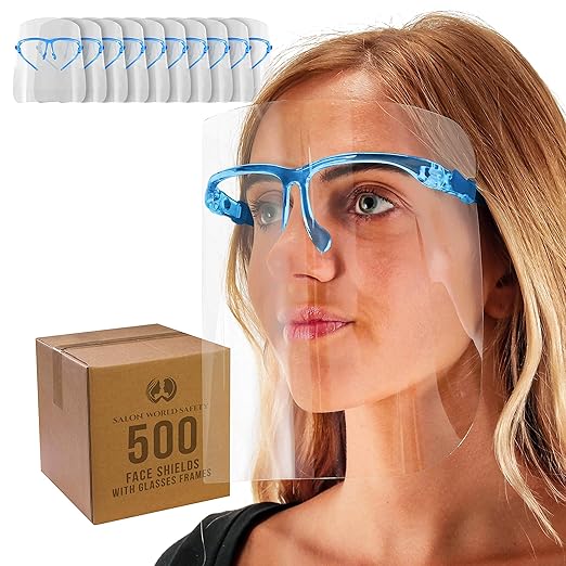 TCP Global Salon World Safety Face Shields with Blue Glasses Frames (Case of 500) - Ultra Clear Protective Full Face Shields to Protect Eyes, Nose, Mouth - Anti-Fog PET Plastic, Goggles