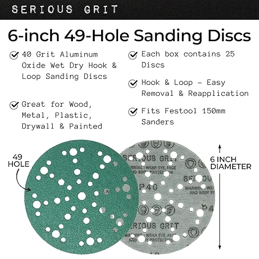 Serious Grit - 6-Inch 49-Hole 40 Grit Sanding Discs - Heavy-Duty Hook & Loop Film Discs - Sandpaper for Random Orbital Sanders - 25 Pack Box