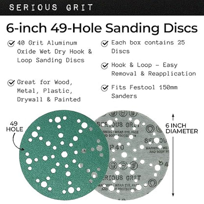 Serious Grit - 6-Inch 49-Hole 40 Grit Sanding Discs - Heavy-Duty Hook & Loop Film Discs - Sandpaper for Random Orbital Sanders - 25 Pack Box