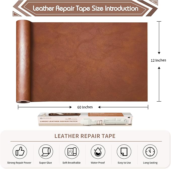 KING MOUNTAIN Leather Repair Patch,12 x 60 Inches self Adhesive Leather Repair Tape for Damaged Leather Furniture, Sofa Seating,Car Seats, Leather Goods（Classic Brown）