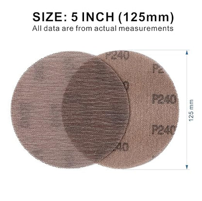 240GRIT 50pcs 5-Inch Mesh Abrasive Sanding Discs Hook & Loop Sandpaper, Dust Free Anti-Blocking Net Sandpaper Sheets for Auto Body, Wood, Drywall, Metal