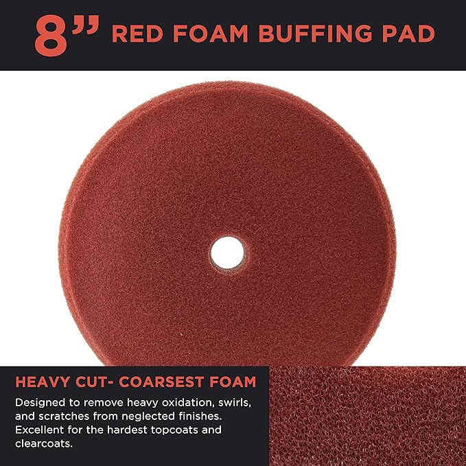 TCP Global 8" Red Foam Buffing Pad Extra Coarse Cutting Polish Hook and Loop Backing - Buffing Pad for Automotive, Marine, Truck, RV & Compound Cutting