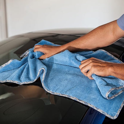 Detail Microfiber Car Towels Bulk (24"x 36") | 400 GSM | 80/20 Blend | Tagless | Soft Satin Piped Edges | All-Purpose Auto Detailing - Wax, Buff, Polish, Wash, Dry | Case of 64 (Blue)