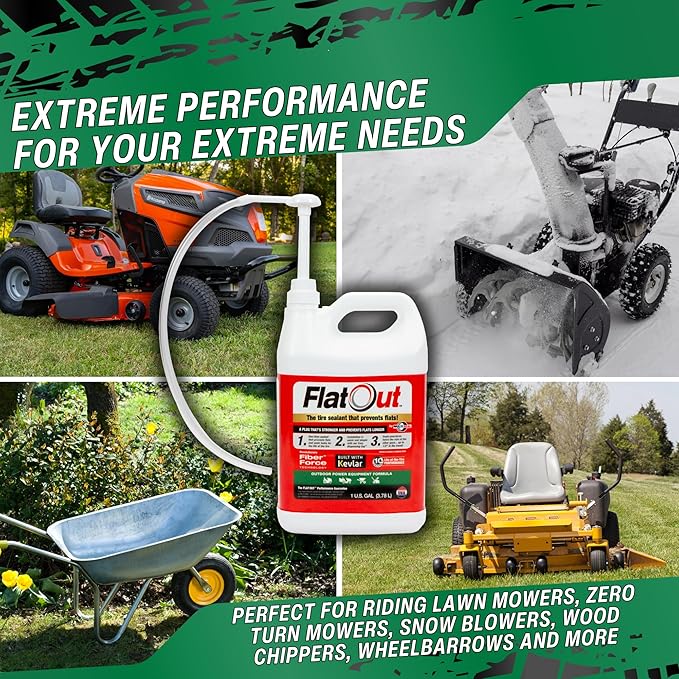 Flat Out Off Road Tire Sealant, Outdoor Power Equipment Formula with Valve Core Tool, Prevents Flat Tires, Fix a Flat Tire, Seals Leaks, Contains Kevlar, 1 Gallon