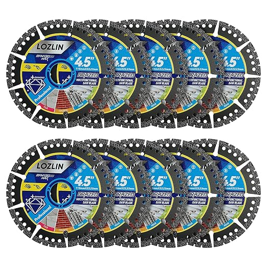 LOZLIN 10-Pack 4.5" Diamond Multi-Purpose Saw Blades - Heavy Duty Angle Grinder Discs for Cutting Marble/Quartz/Stone/Tile/Metal/Plastic (Black Teeth, 10)