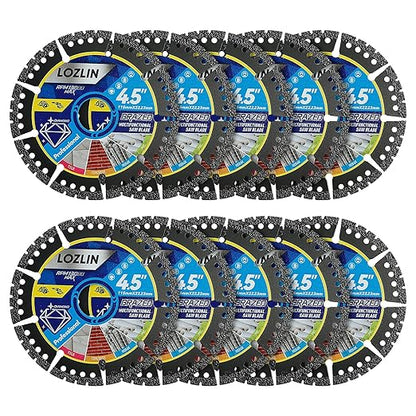 LOZLIN 10-Pack 4.5" Diamond Multi-Purpose Saw Blades - Heavy Duty Angle Grinder Discs for Cutting Marble/Quartz/Stone/Tile/Metal/Plastic (Black Teeth, 10)