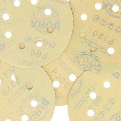 Dura-Gold Premium - Variety Pack - 5" Gold Sanding Discs - 8-Hole Dustless Hook and Loop - 10 Each of Grit (60, 80, 120, 220, 320) - Box of 50 Sandpaper Finishing Discs for Woodworking or Automotive