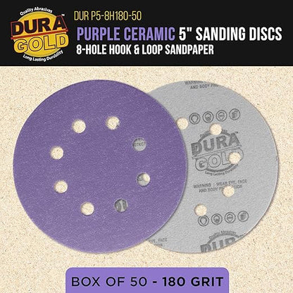 Dura-Gold Premium 180 Grit 5" Purple Film Ceramic Sanding Discs, 8-Hole Pattern, Box of 50 - Dustless Hook & Loop Backing Sandpaper for DA & Random Orbital Sanders - Sand Auto Paint, Wood, Woodworking