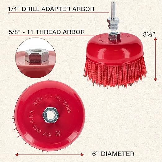 Dura-Gold 6" Abrasive Filament Nylon Bristle Cup Brush - 5/8" 11 Thread, 1/4" Hex Drill Shank Arbor, Coarse Grit Angle Grinder Brush for Truck Bed Liner Surface Prep, Sanding, Rust & Paint Removal