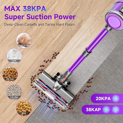 Vaconly Cordless Vacuum Cleaner, 8 in 1 40Kpa 55Mins,Lightweight Vacuum Cleaners for Home, Stick Vacuum with Anti-Tangle Brush,Wall Mount, Rechargeable Cordless Vacuum for Floor/Sofa/Pet Hair,Purple