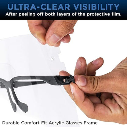 TCP Global Salon World Safety Face Shields with Black Glasses Frames (Pack of 10) - Ultra Clear Protective Full Face Shields to Protect Eyes, Nose, Mouth - Anti-Fog PET Plastic, Goggles