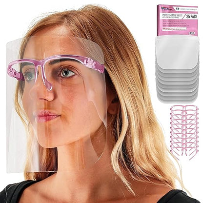 TCP Global Salon World Safety Face Shields with Pink Glasses Frames (Pack of 25) - Ultra Clear Protective Full Face Shields to Protect Eyes, Nose, Mouth - Anti-Fog PET Plastic, Goggles