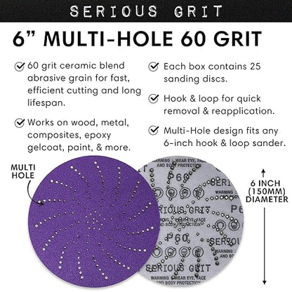 Serious Grit 6-Inch 60 Grit Ceramic Multi-Hole Hook & Loop Sanding Discs - Advanced Grain for Fast Cutting & Long Life - Film-Backed Universal Fit Sandpaper for 6-in Sanders - 25 Pack Box
