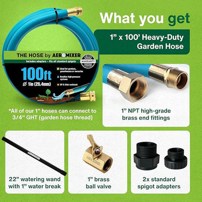 Aeromixer THE HOSE: All-In-One Watering Kit - Heavy Duty 1" 100 Ft Garden Hose, Kinkless Garden Hoses, Commercial Grade Water Hoses, 650 PSI High-Pressure Watering Tool for Farming and Gardening