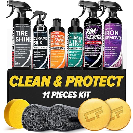 Carfidant Ultimate Clean & Protect Kit – 11-Piece Complete Car Detailing Bundle – Tire Shine, Ceramic Silk, Scratch & Swirl Remover, Plastic & Trim Restorer, Rim Reactor, Iron Remover