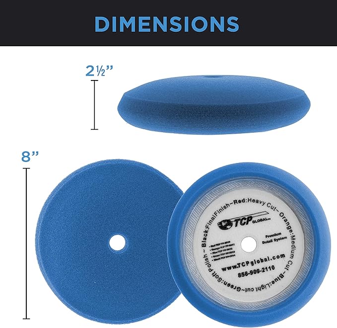 TCP Global 8" Blue Foam Buffing Pad Light Cut Polish Hook and Loop Backing - Buffing Pad for Automotive, Marine, Truck, RV & Compound Cutting