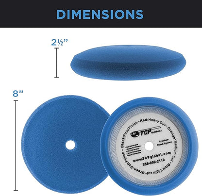 TCP Global 8" Blue Foam Buffing Pad Light Cut Polish Hook and Loop Backing - Buffing Pad for Automotive, Marine, Truck, RV & Compound Cutting